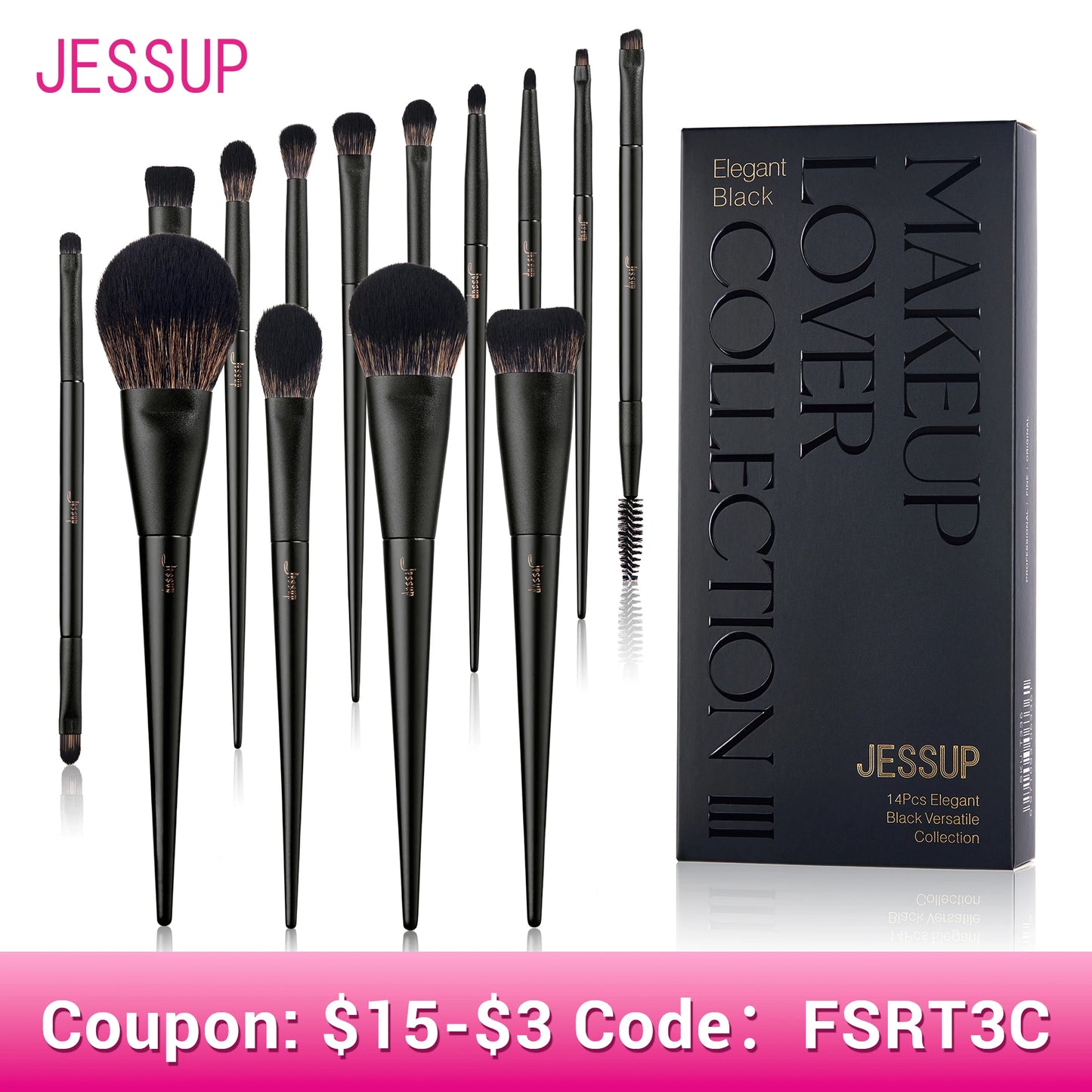 Set de Brochas de Maquillaje Jessup, 10-14 piezas - Contorno, Base, Polvo, Sombra, Iluminador, Difuminado, Corrector y Delineador T336