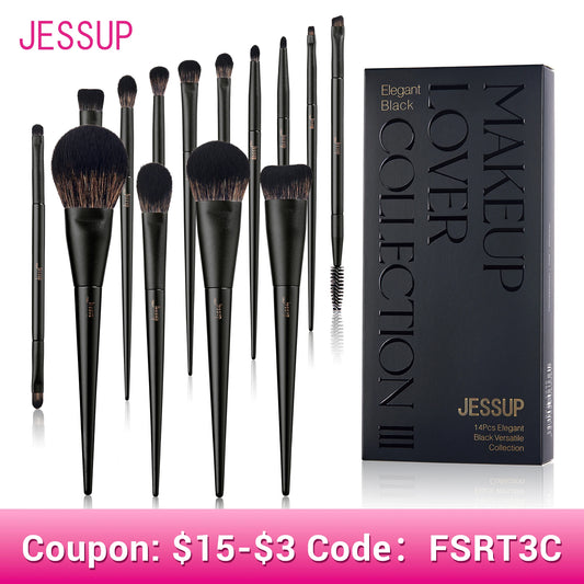 Set de Brochas de Maquillaje Jessup, 10-14 piezas - Contorno, Base, Polvo, Sombra, Iluminador, Difuminado, Corrector y Delineador T336