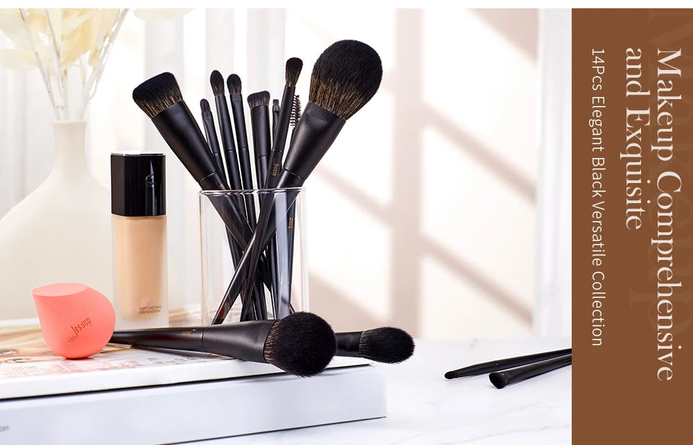 Set de Brochas de Maquillaje Jessup, 10-14 piezas - Contorno, Base, Polvo, Sombra, Iluminador, Difuminado, Corrector y Delineador T336