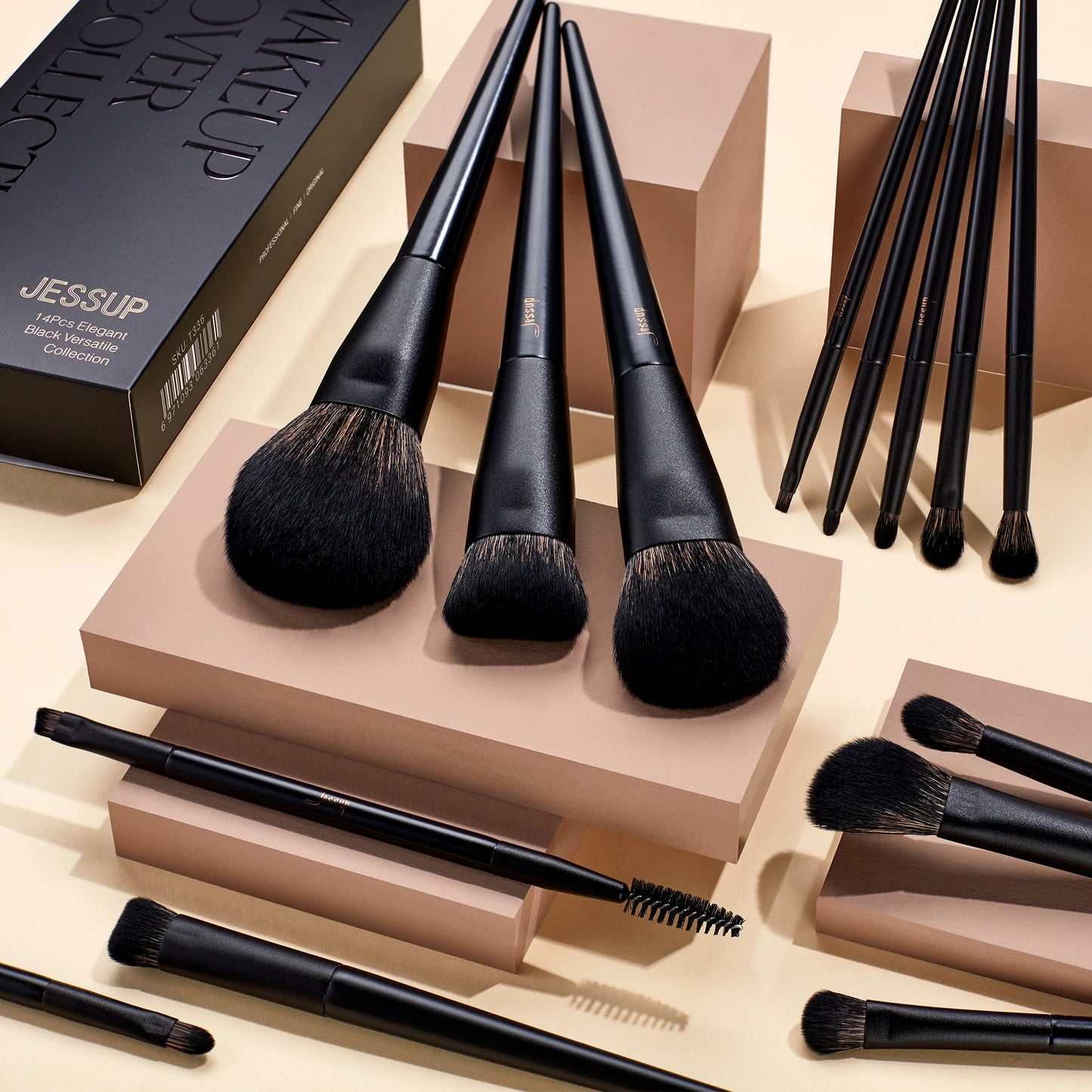 Set de Brochas de Maquillaje Jessup, 10-14 piezas - Contorno, Base, Polvo, Sombra, Iluminador, Difuminado, Corrector y Delineador T336