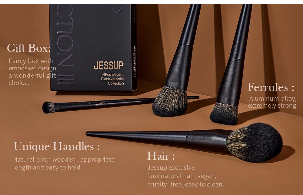 Set de Brochas de Maquillaje Jessup, 10-14 piezas - Contorno, Base, Polvo, Sombra, Iluminador, Difuminado, Corrector y Delineador T336